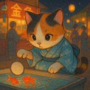 浴衣を着て金魚すくいを楽しむ三毛猫の昭和レトロなイラスト / Showa retro illustration of a calico cat wearing a yukata and enjoying goldfish scooping at a summer festival