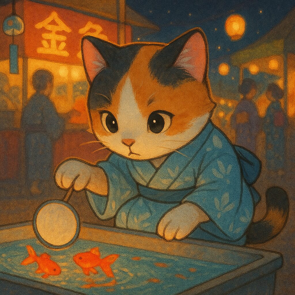 浴衣を着て金魚すくいを楽しむ三毛猫の昭和レトロなイラスト / Showa retro illustration of a calico cat wearing a yukata and enjoying goldfish scooping at a summer festival