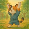 甚平を着てラジオ体操をする三毛猫のかわいいレトロイラスト / Cute retro illustration of a calico cat doing morning exercises in a yukata-style jinbei outfit