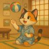 昭和の畳部屋で紙風船を楽しそうに遊ぶ三毛猫のレトロイラスト / Retro illustration of a calico cat happily playing with a paper balloon in a Showa-era tatami room