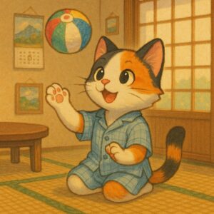 昭和の畳部屋で紙風船を楽しそうに遊ぶ三毛猫のレトロイラスト / Retro illustration of a calico cat happily playing with a paper balloon in a Showa-era tatami room