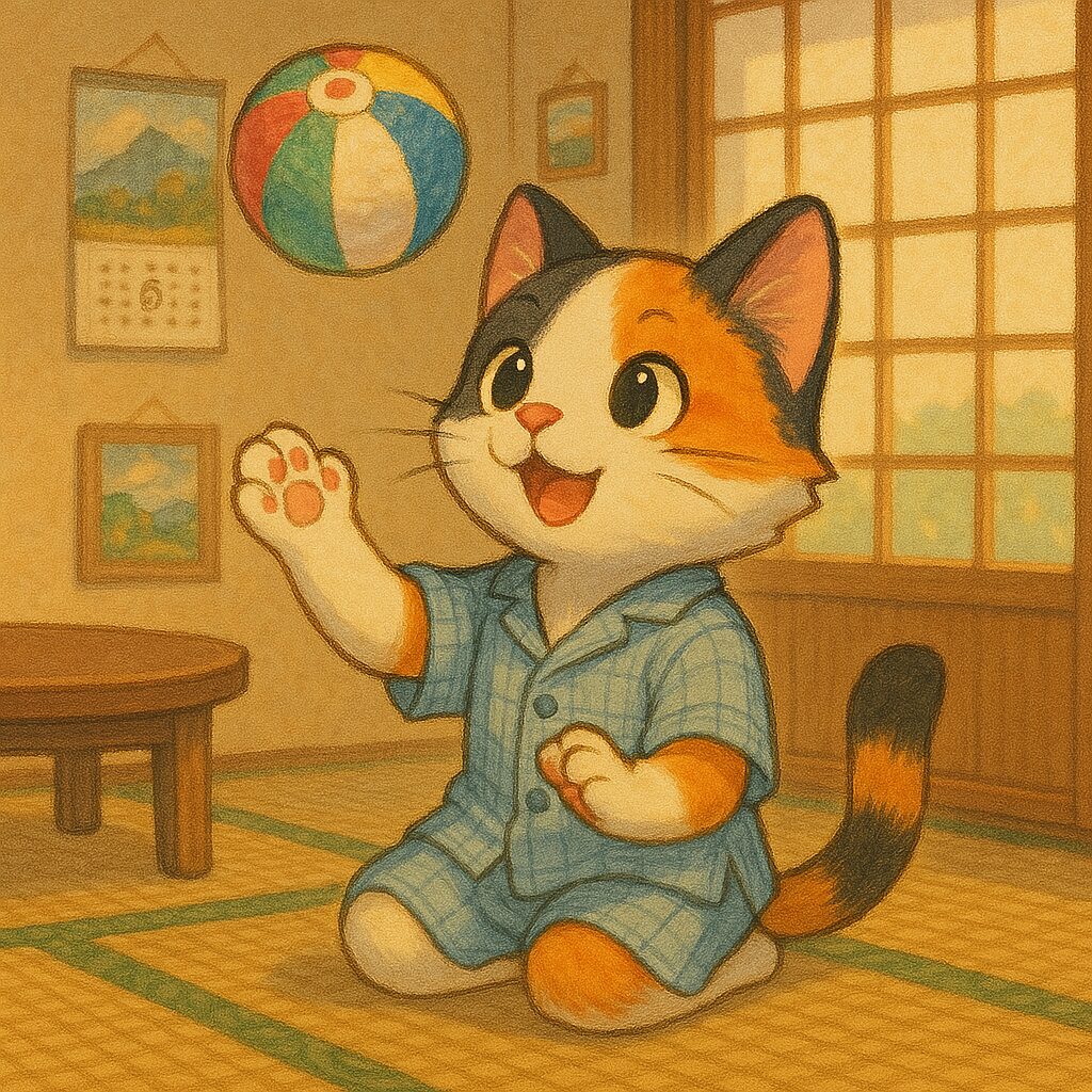 昭和の畳部屋で紙風船を楽しそうに遊ぶ三毛猫のレトロイラスト / Retro illustration of a calico cat happily playing with a paper balloon in a Showa-era tatami room