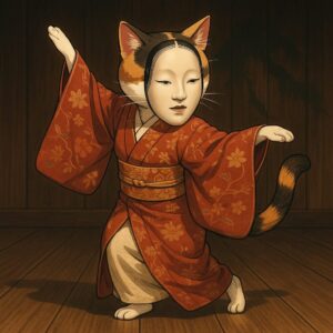 能面をつけた三毛猫が伝統舞踊の所作で静かに舞う姿を描いた幻想的なイラストです A calico cat wearing a traditional Noh mask performing a quiet, graceful dance on a wooden stage.