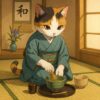 和室で三毛猫が茶道のお点前を丁寧に行う様子を描いた伝統的なイラストです A calico cat gracefully performing a traditional Japanese tea ceremony inside a serene tatami room.