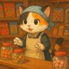 昭和レトロな駄菓子屋でカウンター越しに接客する三毛猫店員の可愛いイラスト / Cute illustration of a calico cat shopkeeper serving customers at the counter of a retro Japanese candy store