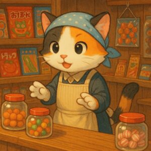 昭和レトロな駄菓子屋でカウンター越しに接客する三毛猫店員の可愛いイラスト / Cute illustration of a calico cat shopkeeper serving customers at the counter of a retro Japanese candy store