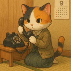 畳の部屋で黒電話を使って通話する三毛猫のレトロなイラスト / Retro illustration of a calico cat talking on a black rotary phone in a tatami room
