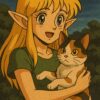 三毛猫を抱っこする金髪のエルフ少女。80年代アニメ風のレトロなイラスト / A blonde elf girl holding a calico cat, illustrated in retro 1980s anime style