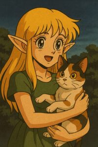 三毛猫を抱っこする金髪のエルフ少女。80年代アニメ風のレトロなイラスト / A blonde elf girl holding a calico cat, illustrated in retro 1980s anime style