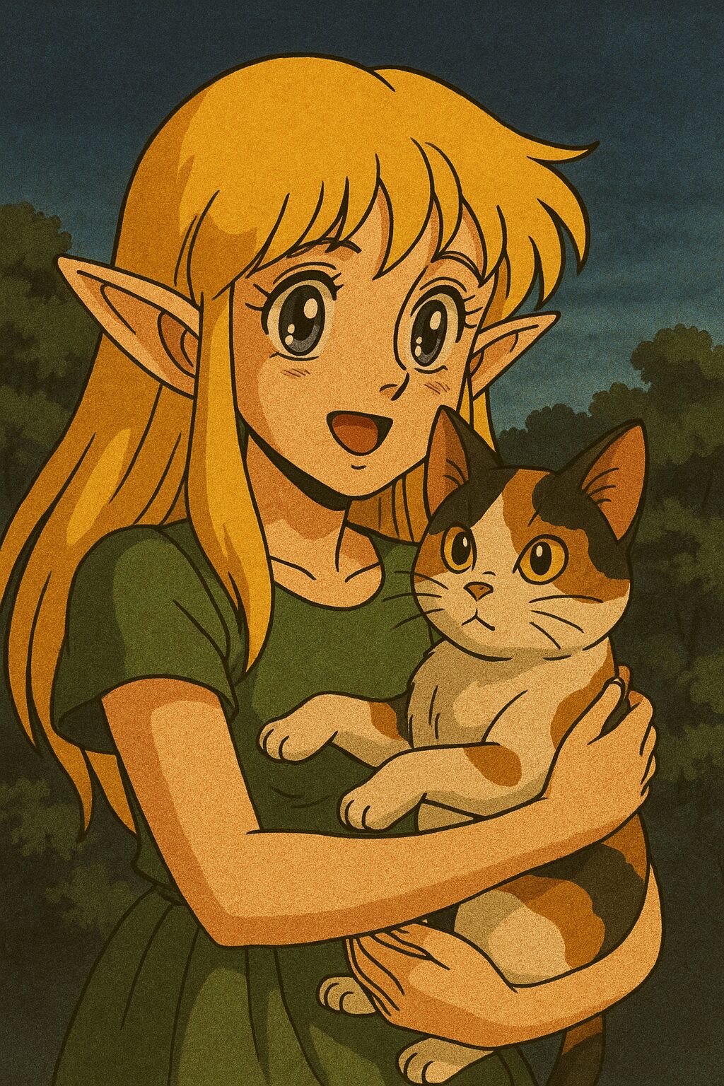 三毛猫を抱っこする金髪のエルフ少女。80年代アニメ風のレトロなイラスト / A blonde elf girl holding a calico cat, illustrated in retro 1980s anime style