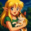 三毛猫を抱っこする金髪のエルフ少女。90年代アニメ風のイラスト / A blonde elf girl holding a calico cat, illustrated in 1990s anime style