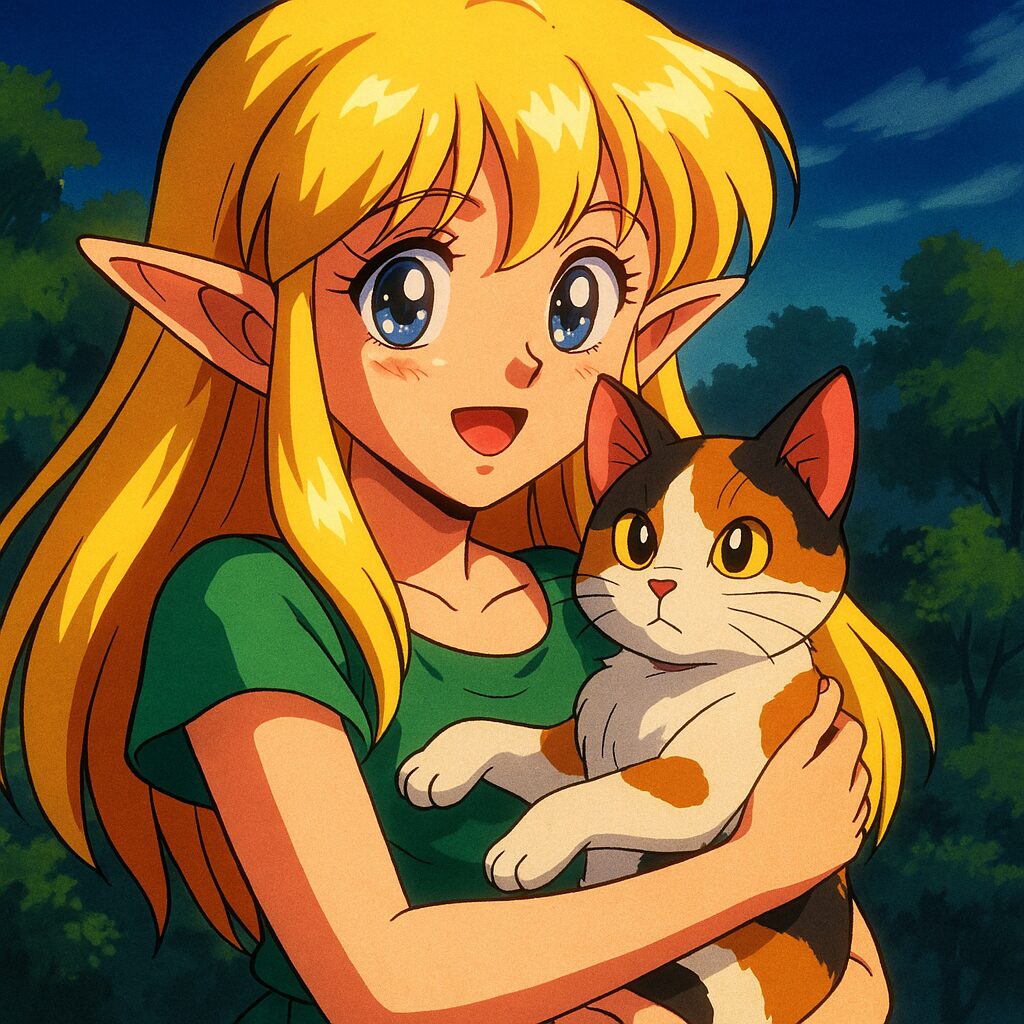 三毛猫を抱っこする金髪のエルフ少女。90年代アニメ風のイラスト / A blonde elf girl holding a calico cat, illustrated in 1990s anime style