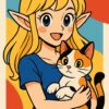 明るくポップな背景の前で三毛猫を抱くエルフの女の子（コマーシャルアート風） / An elf girl holding a calico cat in front of a bright and pop-art style background (commercial art style)