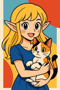 明るくポップな背景の前で三毛猫を抱くエルフの女の子（コマーシャルアート風） / An elf girl holding a calico cat in front of a bright and pop-art style background (commercial art style)