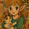 カラフルなコラージュ風背景の前で三毛猫を抱くエルフの女の子 / An elf girl holding a calico cat in front of a colorful collage-style background
