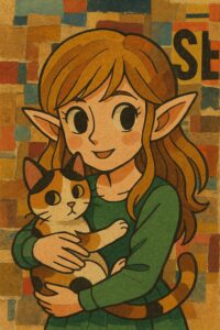 カラフルなコラージュ風背景の前で三毛猫を抱くエルフの女の子 / An elf girl holding a calico cat in front of a colorful collage-style background