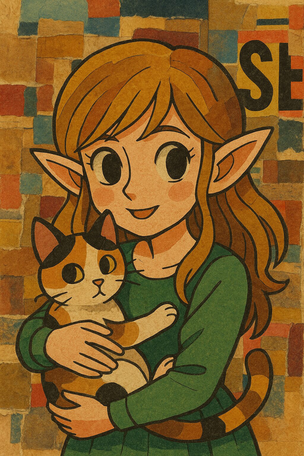 カラフルなコラージュ風背景の前で三毛猫を抱くエルフの女の子 / An elf girl holding a calico cat in front of a colorful collage-style background