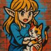 ストリートアート風のエルフの女の子と三毛猫の壁画イラスト / Street art style mural of an elf girl and a calico cat
