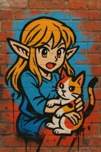 ストリートアート風のエルフの女の子と三毛猫の壁画イラスト / Street art style mural of an elf girl and a calico cat