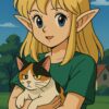三毛猫を抱っこする金髪のエルフ少女。セル画調のアニメスタイル / A blonde elf girl holding a calico cat, in cel-shaded anime style