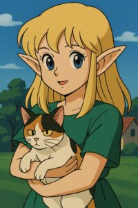 三毛猫を抱っこする金髪のエルフ少女。セル画調のアニメスタイル / A blonde elf girl holding a calico cat, in cel-shaded anime style