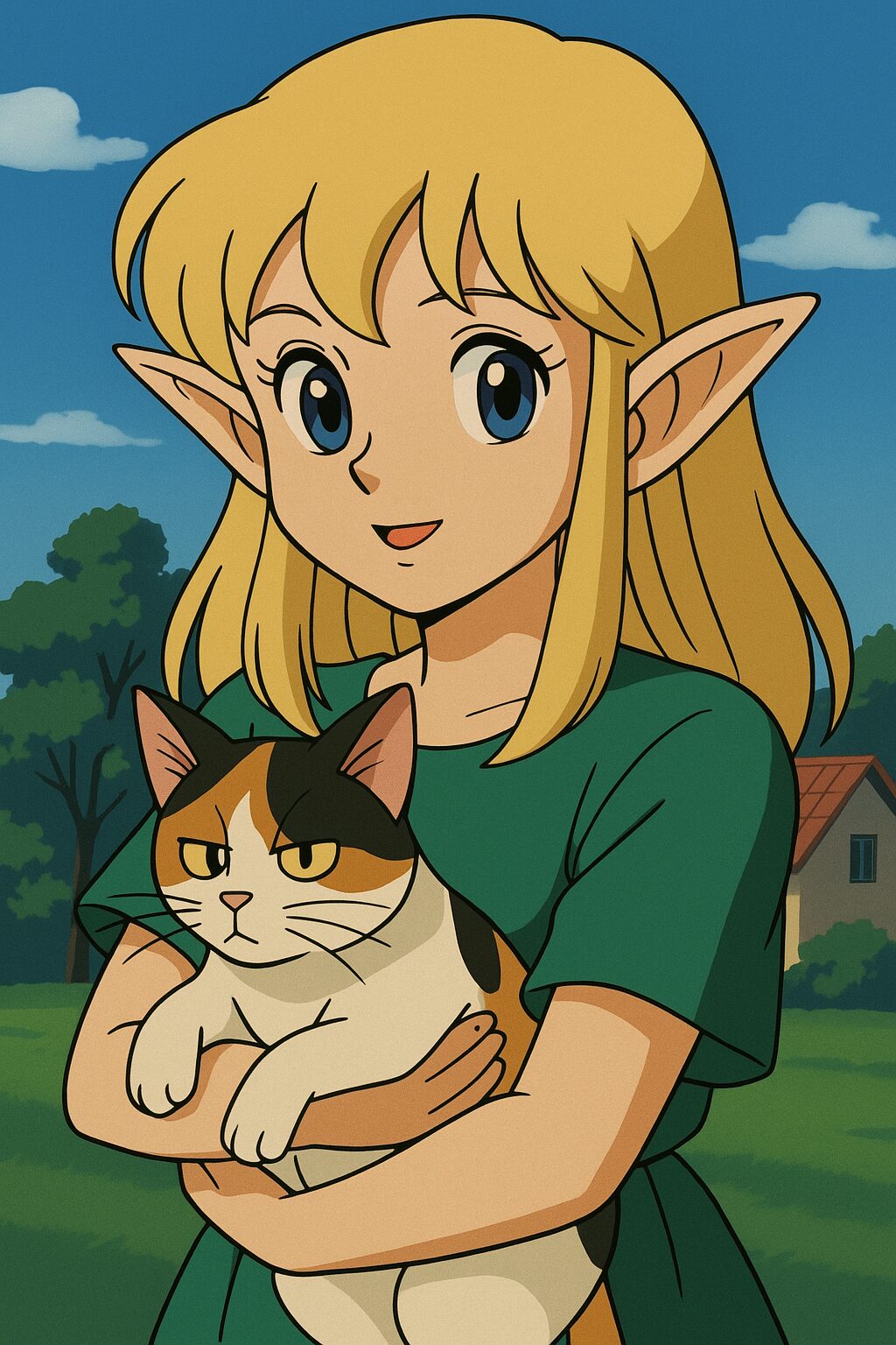 三毛猫を抱っこする金髪のエルフ少女。セル画調のアニメスタイル / A blonde elf girl holding a calico cat, in cel-shaded anime style