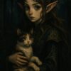 ダークファンタジー風のエルフの女の子が三毛猫を抱いている荘厳な雰囲気のイラスト / A dark fantasy style illustration of an elf girl holding a calico cat in a solemn atmosphere