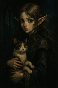 ダークファンタジー風のエルフの女の子が三毛猫を抱いている荘厳な雰囲気のイラスト / A dark fantasy style illustration of an elf girl holding a calico cat in a solemn atmosphere