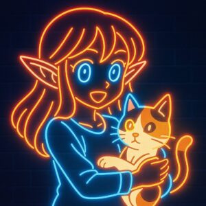 ネオンサイン風に光るエルフの女の子と三毛猫のイラスト / Illustration of an elf girl and a calico cat glowing in neon sign style