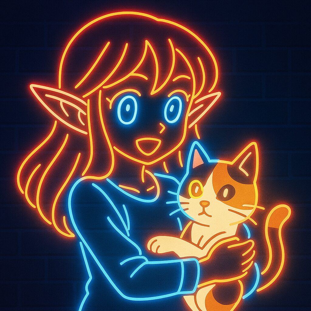 ネオンサイン風に光るエルフの女の子と三毛猫のイラスト / Illustration of an elf girl and a calico cat glowing in neon sign style