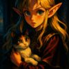 強い明暗のコントラストで描かれたエルフの女の子と三毛猫の印象的なイラスト / A striking high contrast illustration of an elf girl holding a calico cat with vivid highlights and shadows
