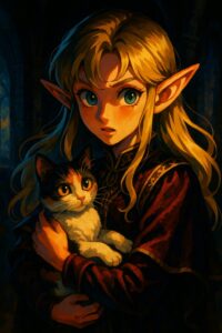 強い明暗のコントラストで描かれたエルフの女の子と三毛猫の印象的なイラスト / A striking high contrast illustration of an elf girl holding a calico cat with vivid highlights and shadows
