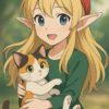 三毛猫を抱いて微笑むエルフの女の子。ビジュアルノベル風の繊細で滑らかなアートスタイル / An elf girl smiling while holding a calico cat, illustrated in a soft and detailed visual novel style