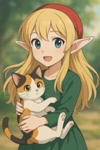 三毛猫を抱いて微笑むエルフの女の子。ビジュアルノベル風の繊細で滑らかなアートスタイル / An elf girl smiling while holding a calico cat, illustrated in a soft and detailed visual novel style