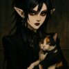 ビジュアル系風の黒髪のエルフの女の子が三毛猫を抱えている、ゴシックで妖艶な雰囲気のイラスト / Visual kei style illustration of a black-haired elf girl holding a calico cat, with a gothic and mysterious atmosphere