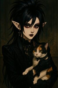 ビジュアル系風の黒髪のエルフの女の子が三毛猫を抱えている、ゴシックで妖艶な雰囲気のイラスト / Visual kei style illustration of a black-haired elf girl holding a calico cat, with a gothic and mysterious atmosphere