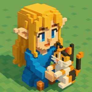 ボクセルアート風のエルフの女の子と三毛猫のイラスト / Voxel art style illustration of an elf girl and a calico cat