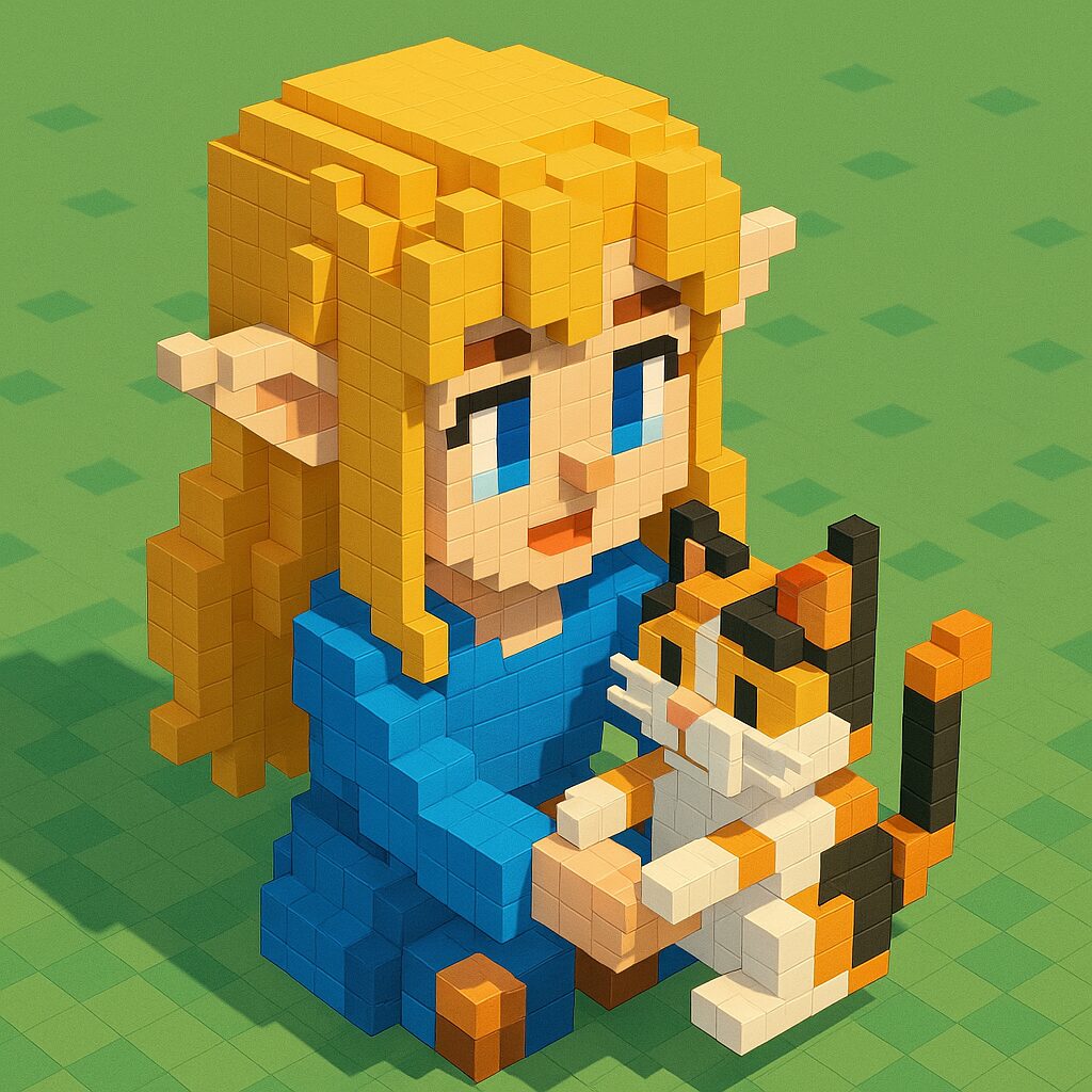 ボクセルアート風のエルフの女の子と三毛猫のイラスト / Voxel art style illustration of an elf girl and a calico cat