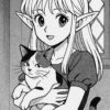 三毛猫を抱っこするエルフ少女。白黒マンガ風のイラスト / An elf girl holding a calico cat, in black and white manga style