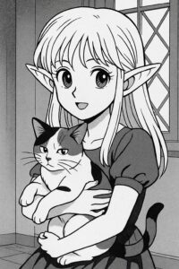 三毛猫を抱っこするエルフ少女。白黒マンガ風のイラスト / An elf girl holding a calico cat, in black and white manga style