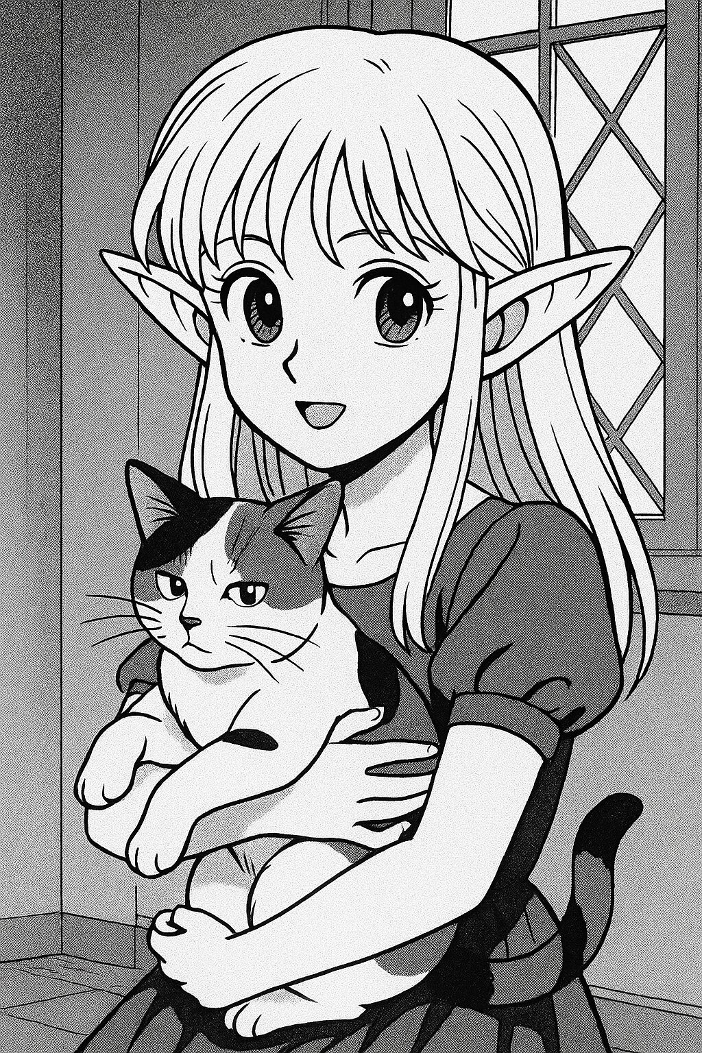 三毛猫を抱っこするエルフ少女。白黒マンガ風のイラスト / An elf girl holding a calico cat, in black and white manga style