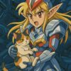 ロボットアニメ風のアーマーを身につけたエルフの女の子が三毛猫を抱えている、SF背景の迫力あるアニメ風イラスト / Dynamic mecha anime style illustration of an elf girl in robotic armor holding a calico cat with a sci-fi background