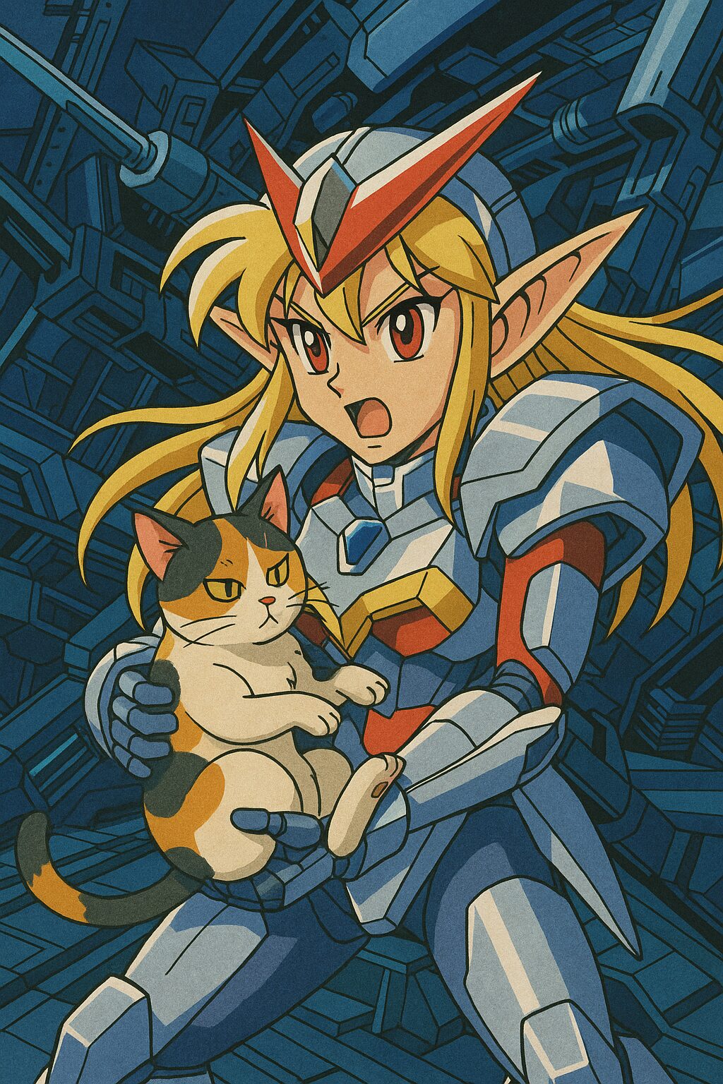 ロボットアニメ風のアーマーを身につけたエルフの女の子が三毛猫を抱えている、SF背景の迫力あるアニメ風イラスト / Dynamic mecha anime style illustration of an elf girl in robotic armor holding a calico cat with a sci-fi background