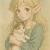 ローコントラストな淡い色合いで描かれたエルフの女の子と三毛猫のイラスト / A low contrast style illustration of an elf girl holding a calico cat in soft, pale tones