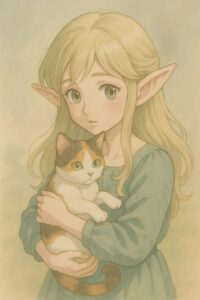 ローコントラストな淡い色合いで描かれたエルフの女の子と三毛猫のイラスト / A low contrast style illustration of an elf girl holding a calico cat in soft, pale tones