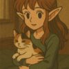 三毛猫を抱いて微笑むエルフの女の子。ローファイ風の温かくノスタルジックな色調 / An elf girl smiling while holding a calico cat, with warm and nostalgic tones in a lofi art style