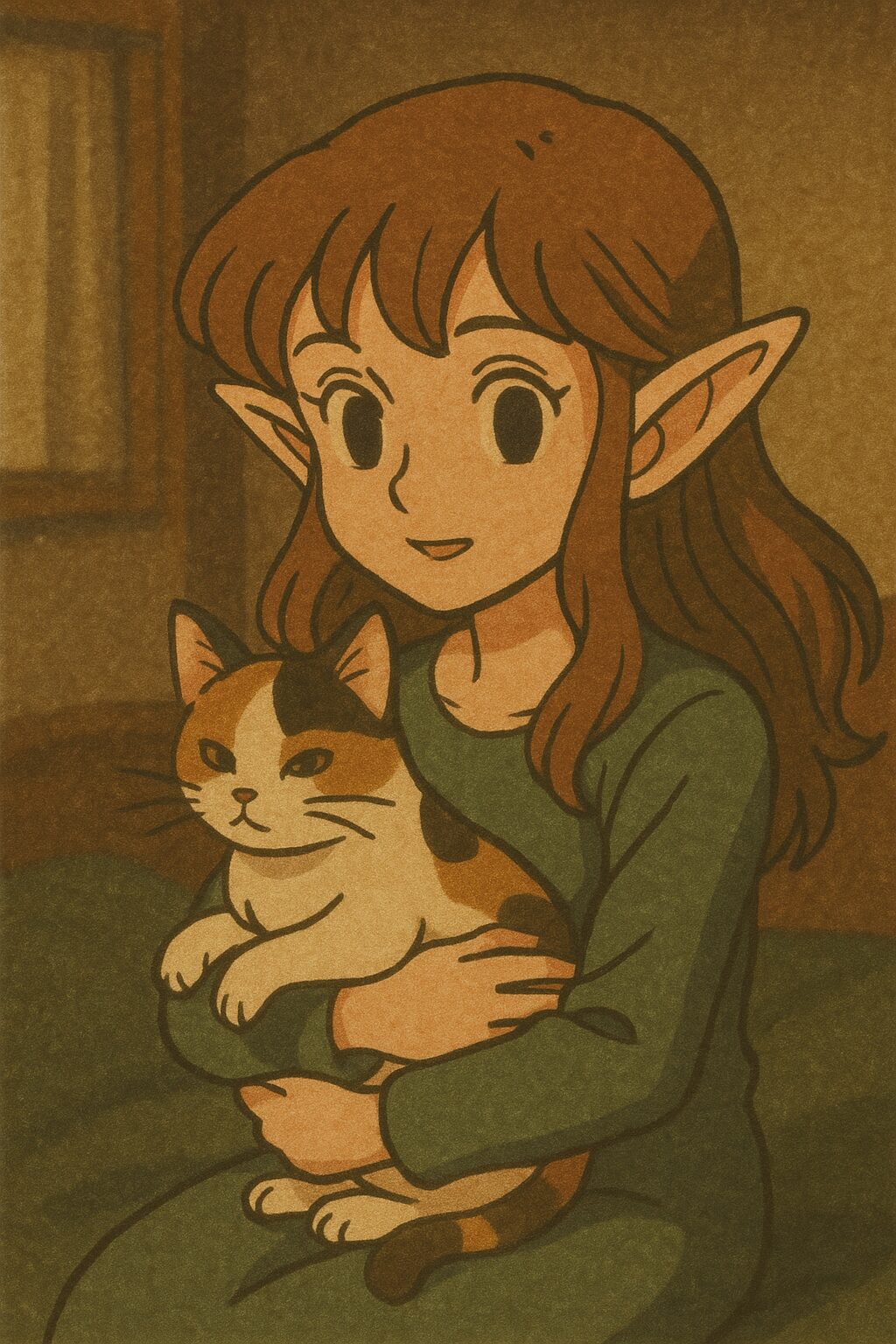 三毛猫を抱いて微笑むエルフの女の子。ローファイ風の温かくノスタルジックな色調 / An elf girl smiling while holding a calico cat, with warm and nostalgic tones in a lofi art style