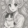 三毛猫を抱っこするエルフ少女。少女マンガ風の繊細な白黒イラスト / An elf girl holding a calico cat, drawn in delicate black and white shoujo manga style