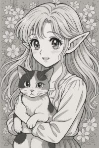 三毛猫を抱っこするエルフ少女。少女マンガ風の繊細な白黒イラスト / An elf girl holding a calico cat, drawn in delicate black and white shoujo manga style