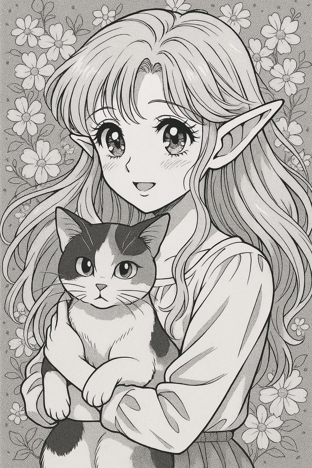 三毛猫を抱っこするエルフ少女。少女マンガ風の繊細な白黒イラスト / An elf girl holding a calico cat, drawn in delicate black and white shoujo manga style